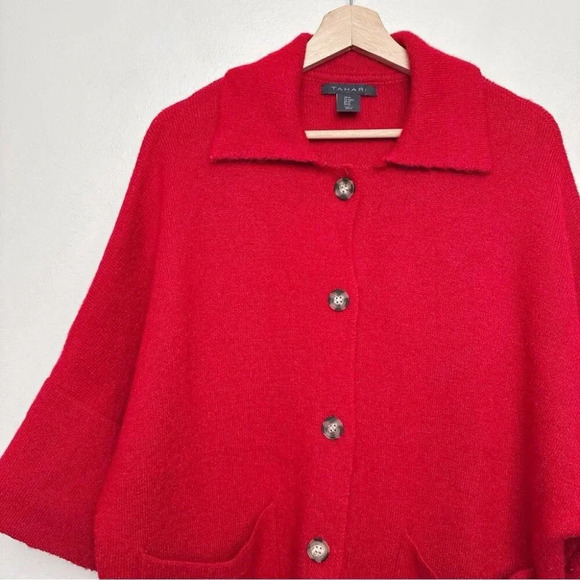 Tahari Womens Medium Button Collar Red Wool Oversized Cardigan - Picture 8 of 14